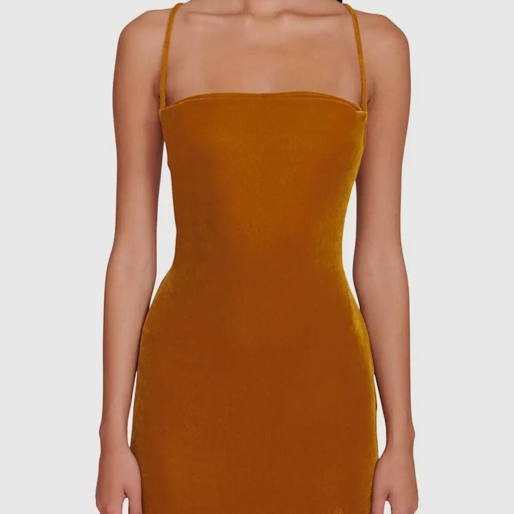 Staud Women's Velvet Bellamy Lace Up Dress Ocher - Picture 3 of 5